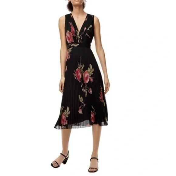 Aritzia Wilfred Black Floral Julianne Faux Wrap Pleated Midi Dress Size 2 Boho - Picture 1 of 14